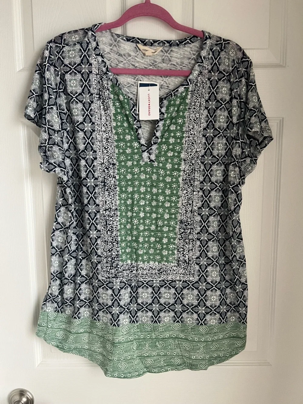 Lucky Brand Black & Green Printed Short Sleeve Tunic - Picture 1 of 6